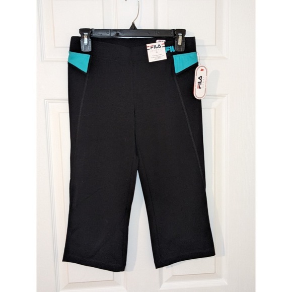 FILA Capri Leggings Fitness‎ Workout Cropped Black Teal XS NWT $40 MSRP - Picture 1 of 6